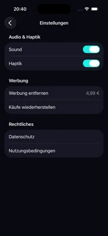 Settings: sound and haptics toggles, plus the legal links.